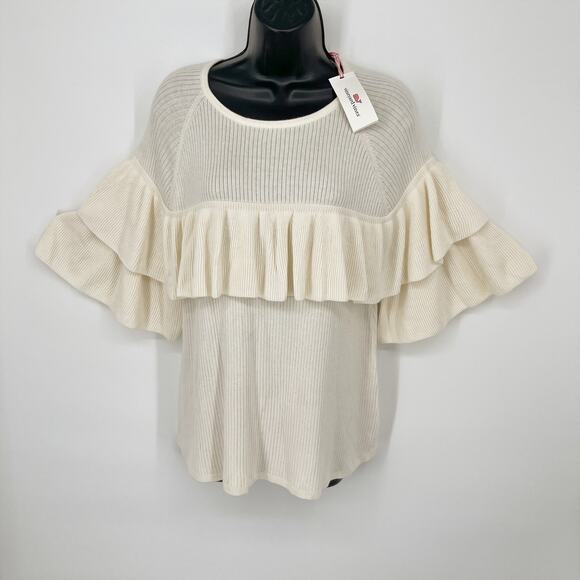 Vineyard Vines NEW Women's Ribbed Cotton Silk Ruffle Sweater Size M Cream - Picture 1 of 10